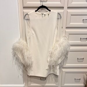 Alice + Olivia Ivory Feather Cuff Sheer-Sleeve Top